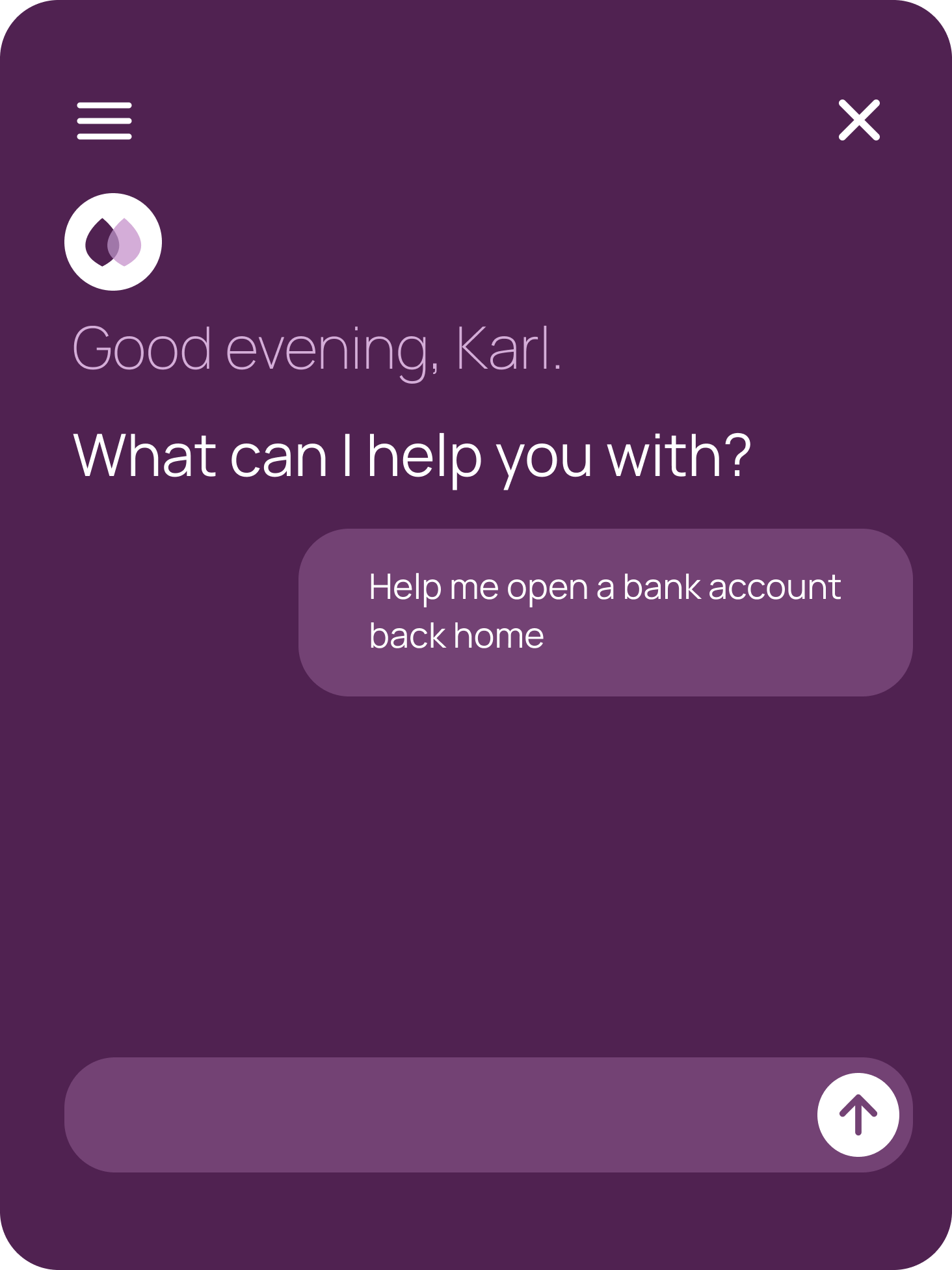 The Tréo assistant greets Karl with “Good evening, Karl.” and a question typed in the prompt: “How do I open a bank account back home”.