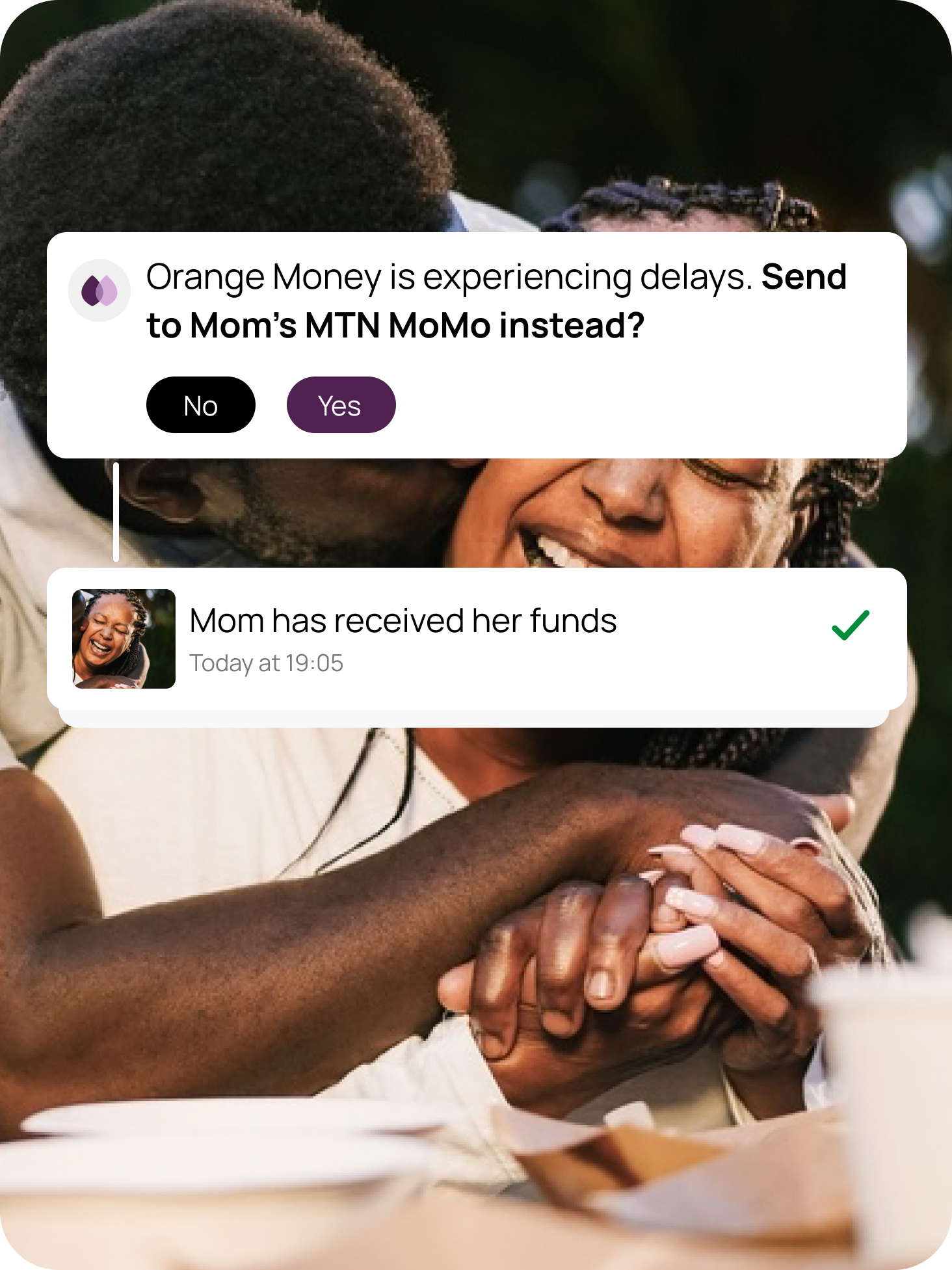 A son hugs his laughing mom. A Tréo prompt reads “Orange Money is experiencing delays. Send to Mom’s MTN MoMo instead?”, followed by a notification: “Mom has received her funds — Today at 17:05”