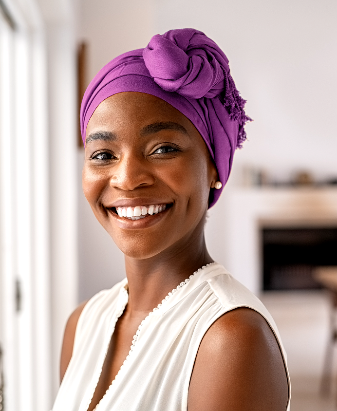 A smiling woman in a purple head wrap